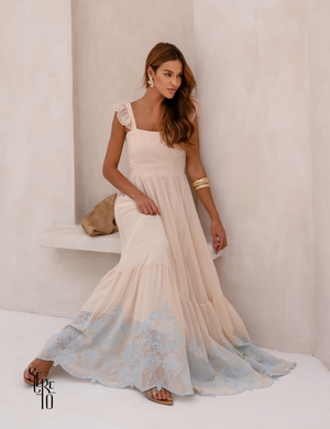 Vestido Longo Bordado Laço Costas Lariza Bege