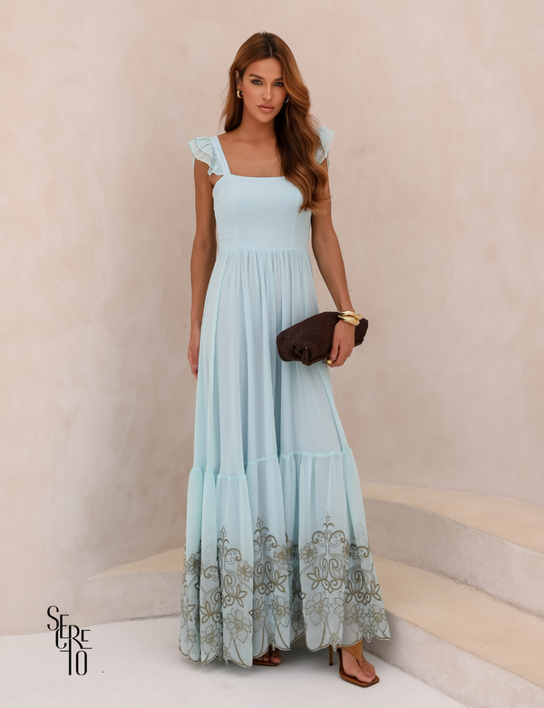 Vestido Longo Bordado Laço Costas Lariza Azul Serenity