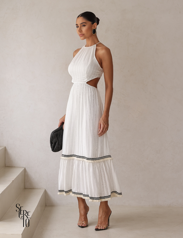 Vestido Midi Halter Recortes Laterais Detalhe Faixa Nila Off White