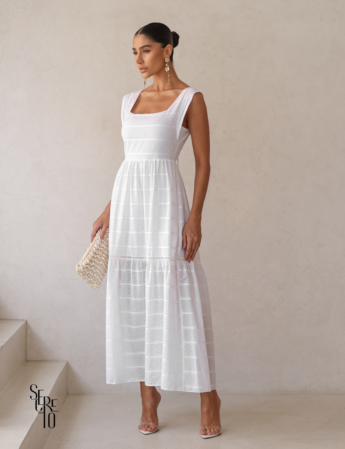 Vestido Midi Decote Quadrado Laise Naie Branco