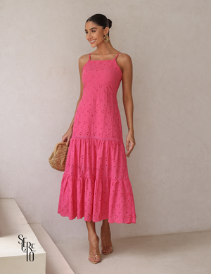 Vestido Midi Laise Bordada Alças Finas Maysa Rosa