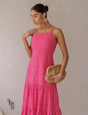 Vestido Midi Laise Bordada Alças Finas Maysa Rosa