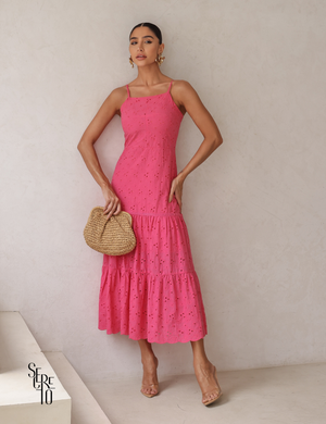 Vestido Midi Laise Bordada Alças Finas Maysa Rosa