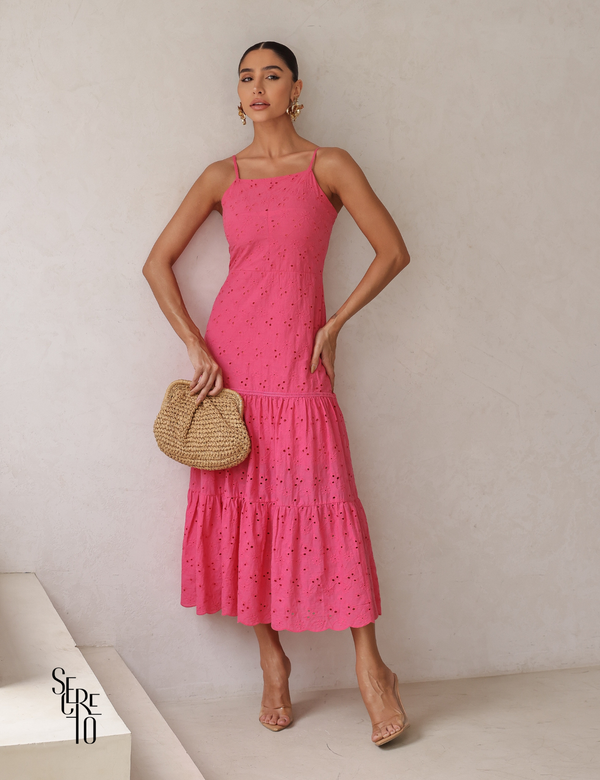 Vestido Midi Laise Bordada Alças Finas Maysa Rosa
