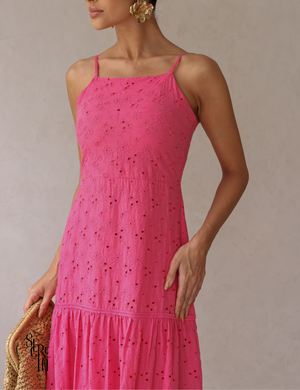 Vestido Midi Laise Bordada Alças Finas Maysa Rosa