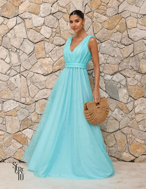 Vestido Longo de Tule Decote V Thaili Azul Serenity