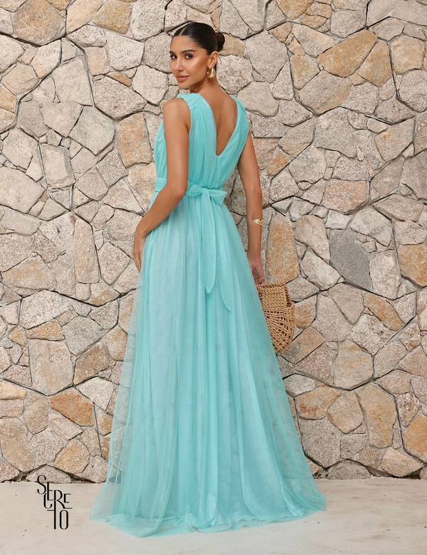 Vestido Longo de Tule Decote V Thaili Azul Serenity