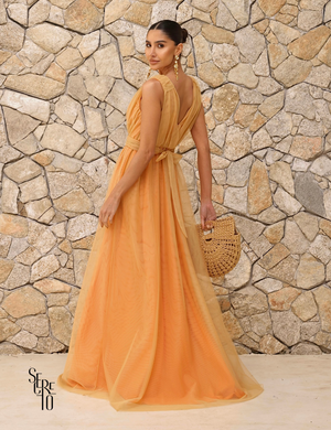 Vestido Longo de Tule Decote V Thaili Mango
