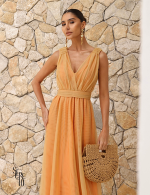 Vestido Longo de Tule Decote V Thaili Mango