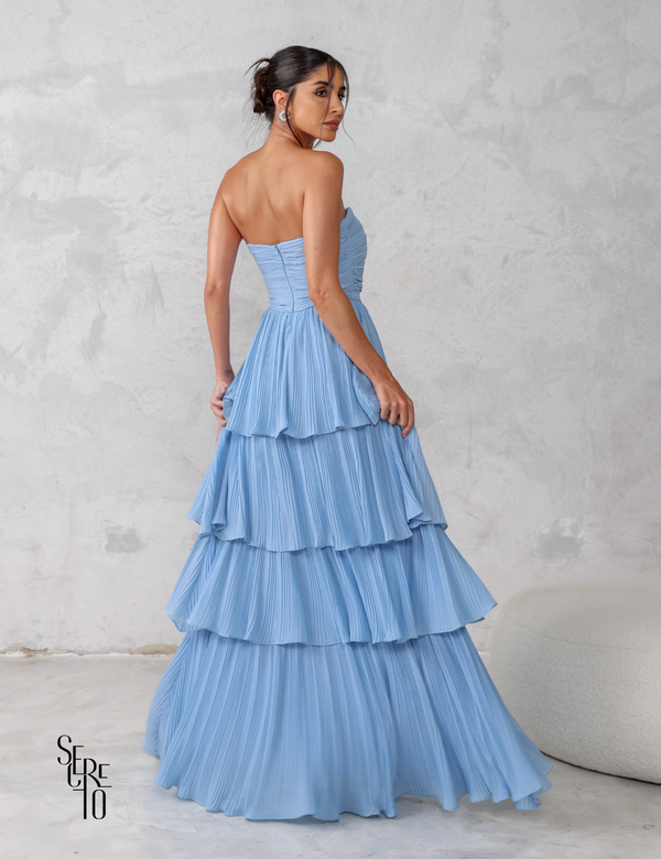 Vestido Longo TQC Plissado Camadas Lilla Azul Serenity