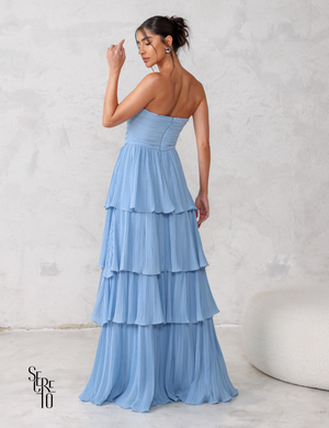 Vestido Longo TQC Plissado Camadas Lilla Azul Serenity
