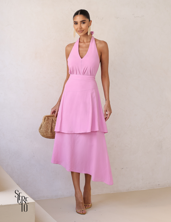 Conjunto Blusa e Saia Midi Assimétrica Maia Rosa Chiclé