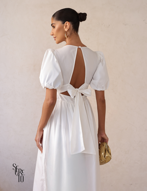 Vestido Midi Laço nas Costas e Manga Bufante Raphaela Branco