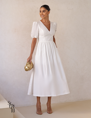 Vestido Midi Laço nas Costas e Manga Bufante Raphaela Branco