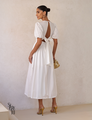 Vestido Midi Laço nas Costas e Manga Bufante Raphaela Branco