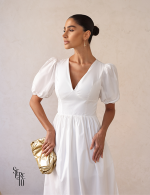 Vestido Midi Laço nas Costas e Manga Bufante Raphaela Branco