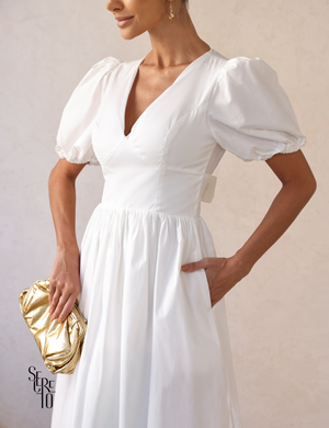 Vestido Midi Laço nas Costas e Manga Bufante Raphaela Branco