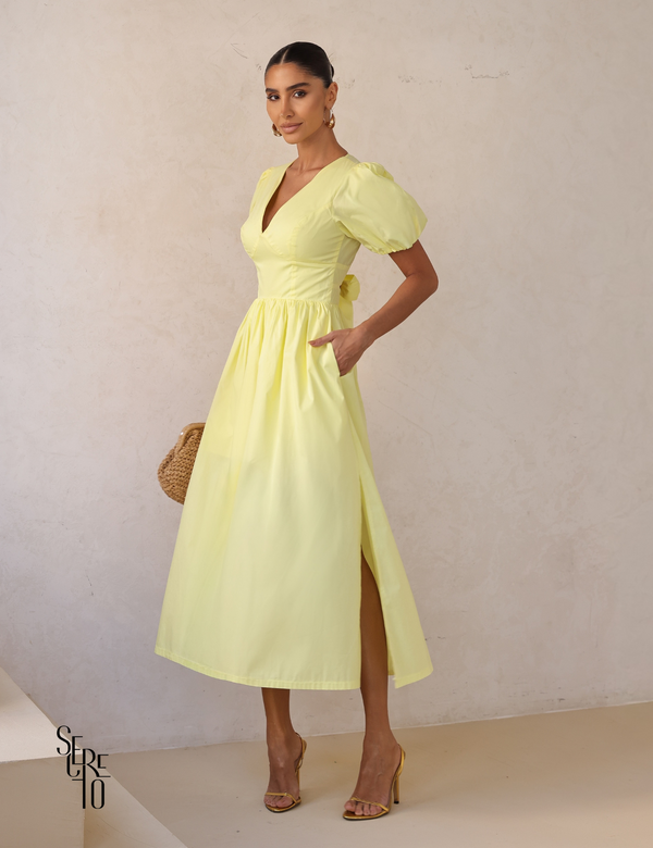 Vestido Midi Laço nas Costas e Manga Bufante Raphaela Amarelo