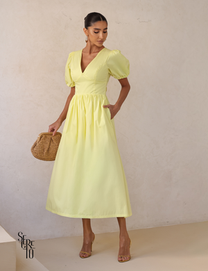 Vestido Midi Laço nas Costas e Manga Bufante Raphaela Amarelo