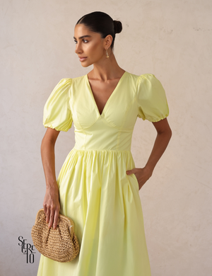 Vestido Midi Laço nas Costas e Manga Bufante Raphaela Amarelo