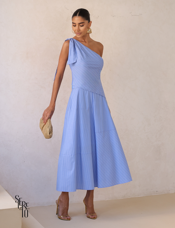 Conjunto Blusa Um Ombro e Saia Karen Azul Serenity