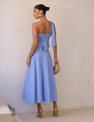 Conjunto Blusa Um Ombro e Saia Karen Azul Serenity