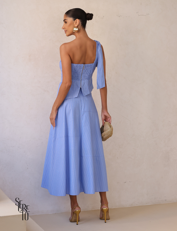 Conjunto Blusa Um Ombro e Saia Karen Azul Serenity