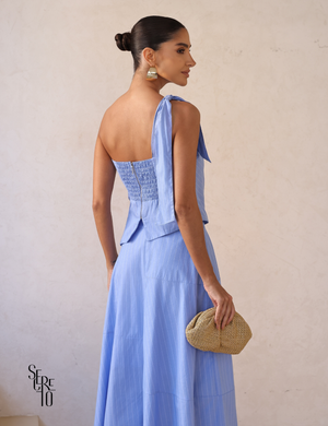 Conjunto Blusa Um Ombro e Saia Karen Azul Serenity
