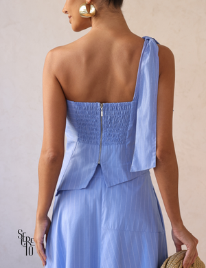 Conjunto Blusa Um Ombro e Saia Karen Azul Serenity