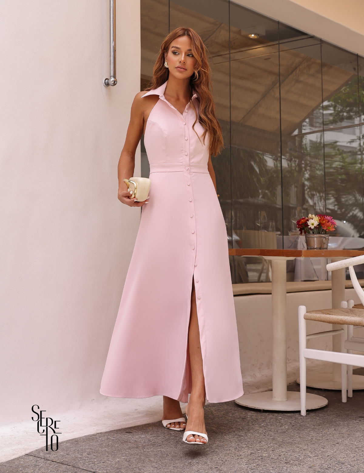 Vestido Longo Alfaiataria com Gola e Botões Roze Rosa Claro