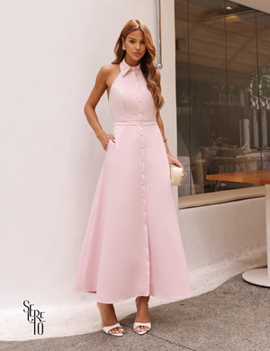 Vestido Longo Alfaiataria com Gola e Botões Roze Rosa Claro