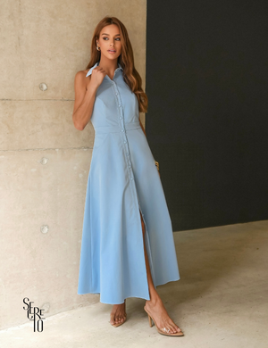 Vestido Longo Alfaiataria com Gola e Botões Roze Azul Claro