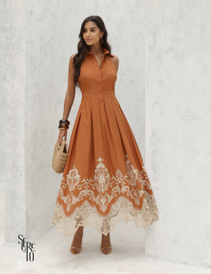 Vestido Midi Tricoline Bordado com Gola Marlene Terracota
