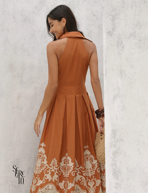 Vestido Midi Tricoline Bordado com Gola Marlene Terracota