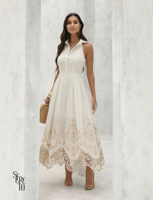 Vestido Midi Tricoline Bordado com Gola Marlene Off White