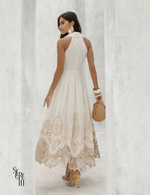Vestido Midi Tricoline Bordado com Gola Marlene Off White