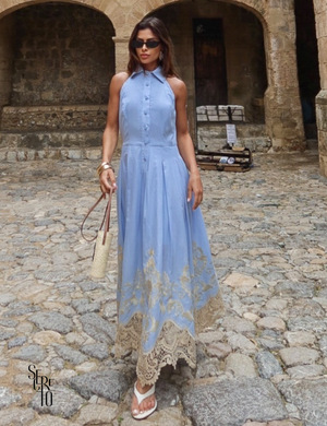 Vestido Midi Tricoline Bordado com Gola Marlene Azul Claro