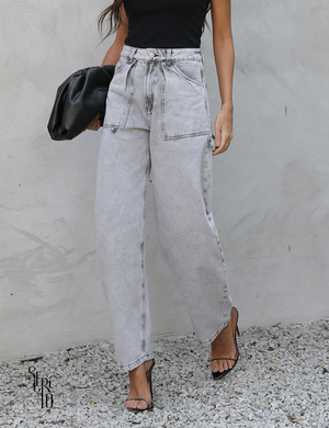 Calça Jeans Wide Leg Cintura Alta Meri Cinza Claro