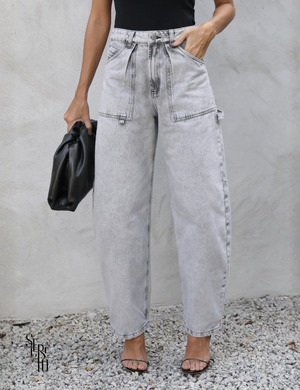 Calça Jeans Wide Leg Cintura Alta Meri Cinza Claro