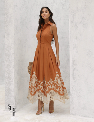 Vestido Midi Tricoline Bordado com Gola Marlene Terracota