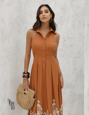 Vestido Midi Tricoline Bordado com Gola Marlene Terracota