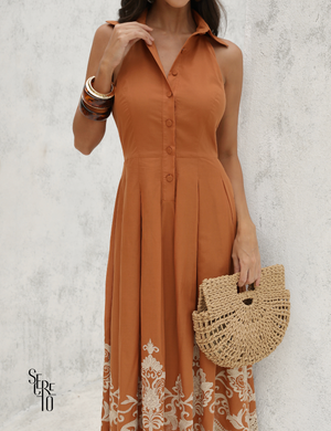Vestido Midi Tricoline Bordado com Gola Marlene Terracota
