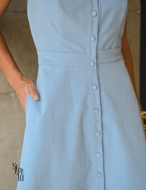 Vestido Longo Alfaiataria com Gola e Botões Roze Azul Claro