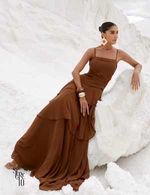 Vestido Longo com Camadas Elane Chocolate