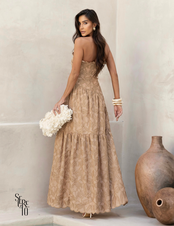 Vestido Longo Bordado Tomara que Caia Mari Doce de Leite