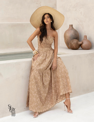 Vestido Longo Bordado Tomara que Caia Mari Doce de Leite