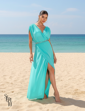 Kaftan Liso Saídas de praia Longo Frente e Costas Cruzadas Maldivas Turquesa (Não Acompanha Cinto e Biquini)