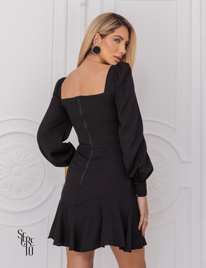 Vestido Curto Viscolinho Manga Longa Gloria Preto