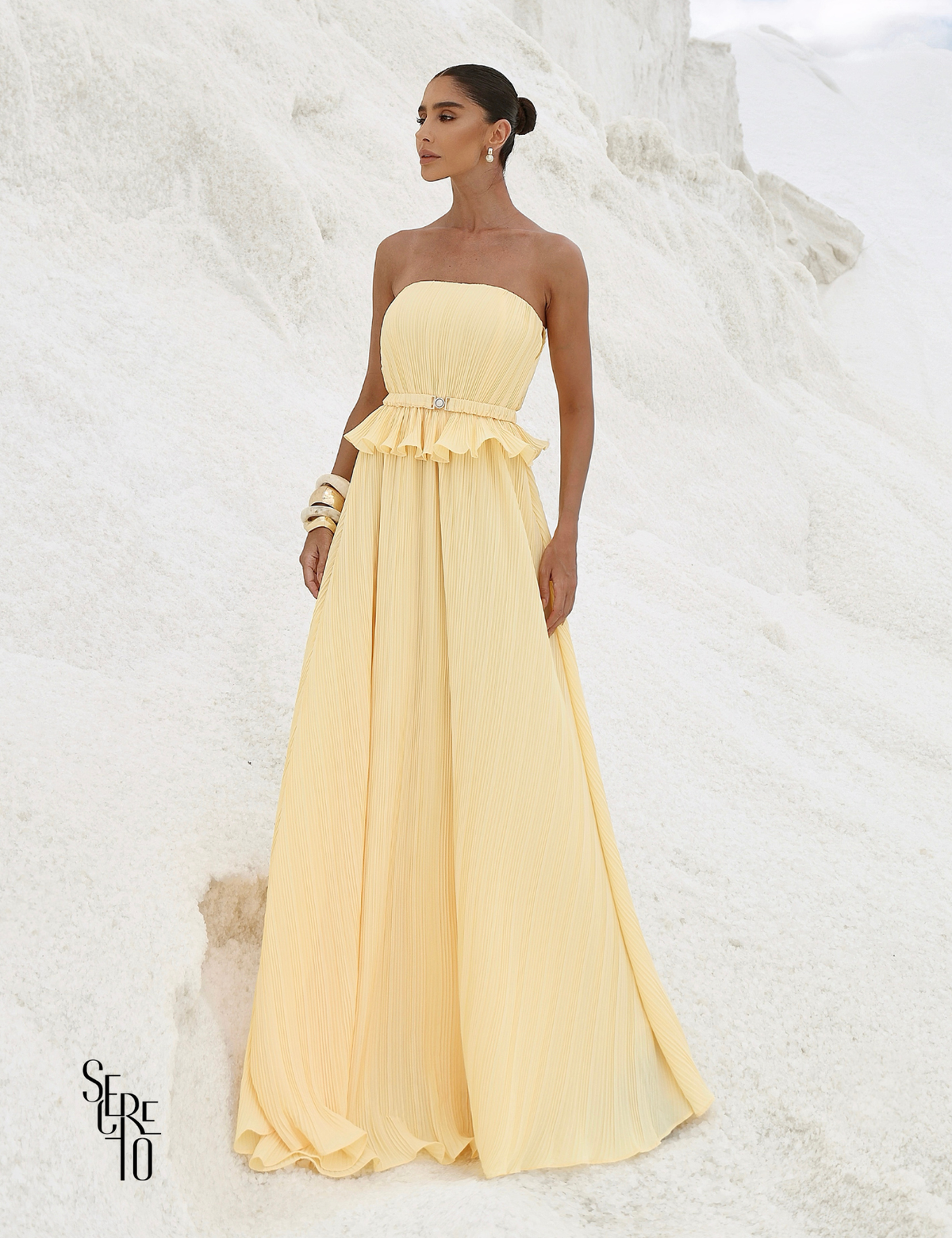 Vestido Longo Crepe Plissado Elisa Camomila