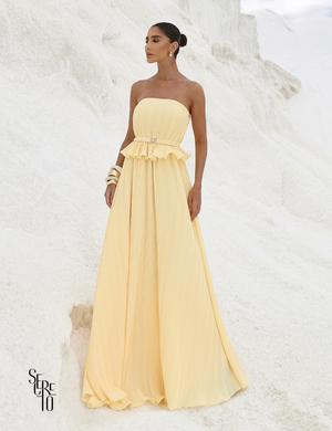 Vestido Longo Crepe Plissado Elisa Camomila